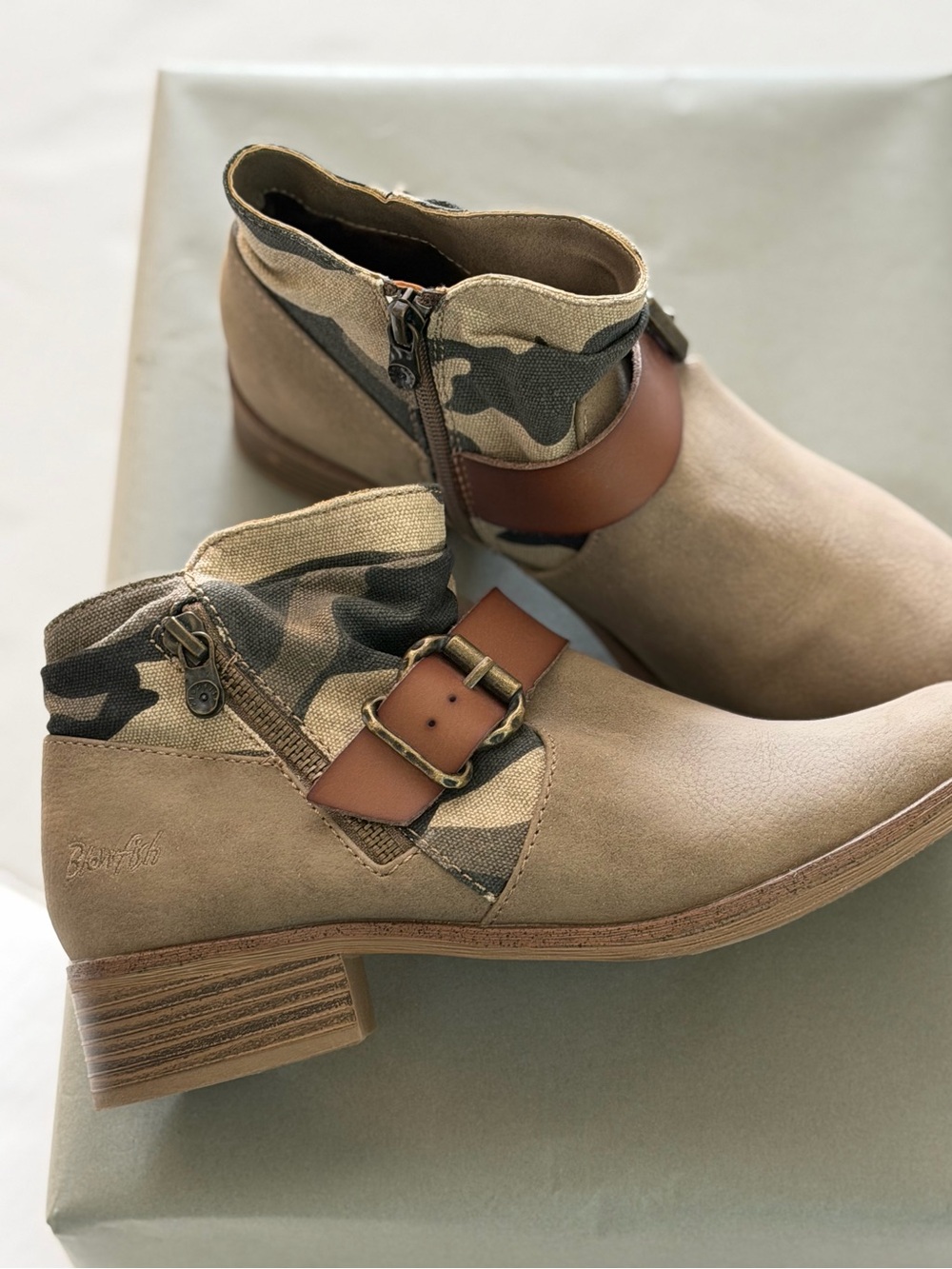 Blowfish Malibu Viten booties Size 8 in Taupe/Camo. Side zip to open (women’s)